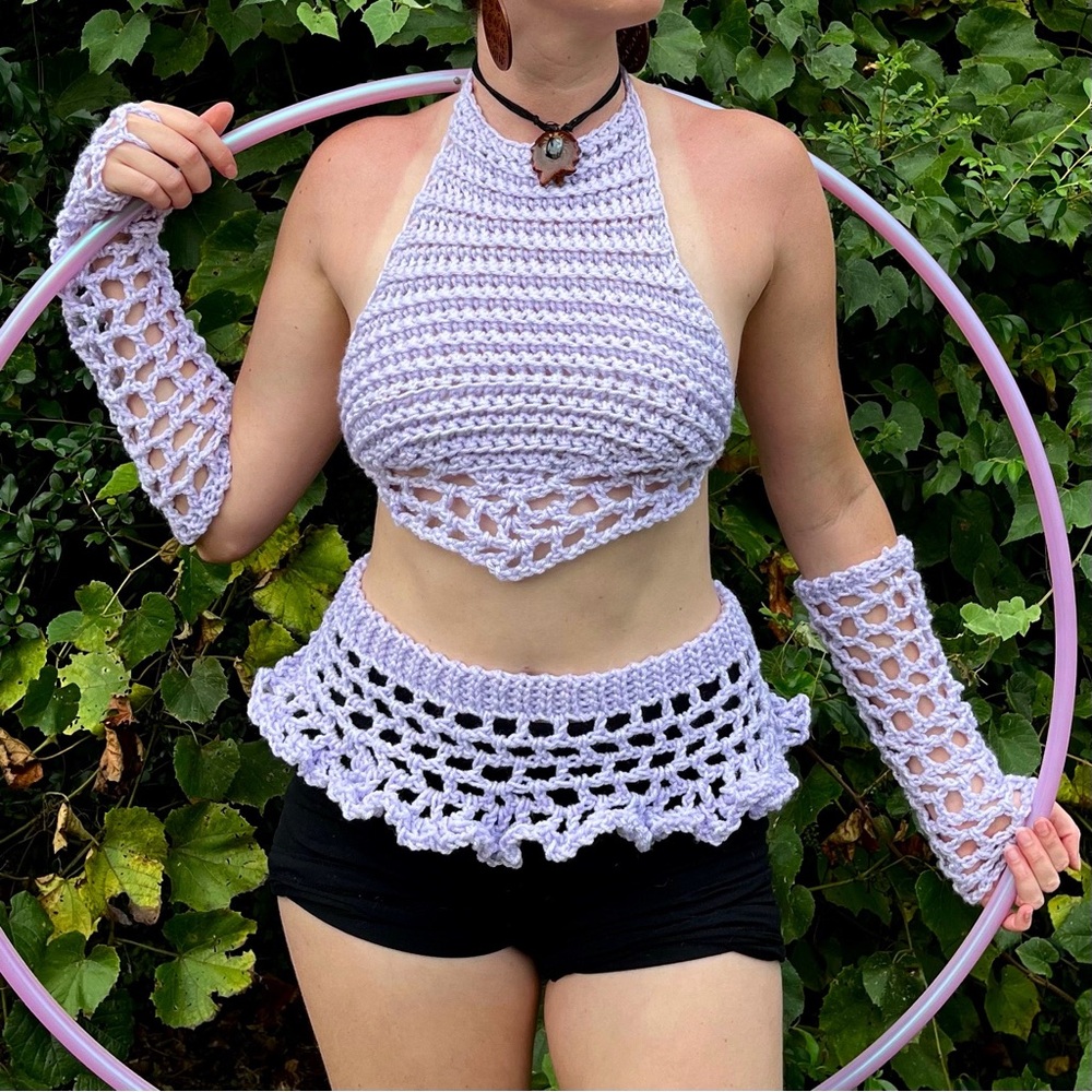 Handmade Crochet Festival 4 Piece Set Crop Top Micro Skirt Arm Warmers S